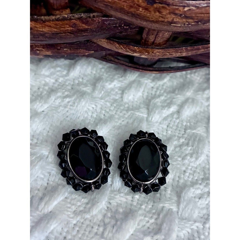 Liz Claiborne Black Rhinestone Oval Clip On Earrings Vintage Statement